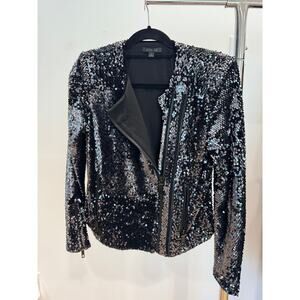 Rachel Zoe Gunmetal Gray Sequin Asymmetrical Zip Moto Jacket